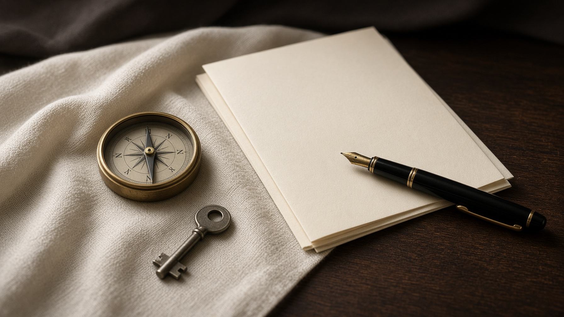 Deed, compass, and key on a closing table