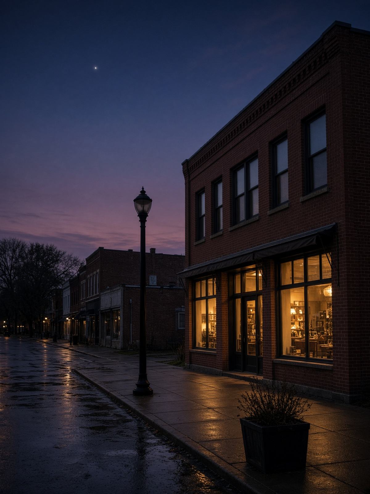 Small American commercial building on a quiet main street at dusk