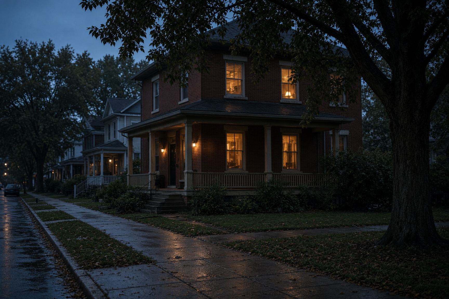 Quiet American suburban street of craftsman houses at dusk